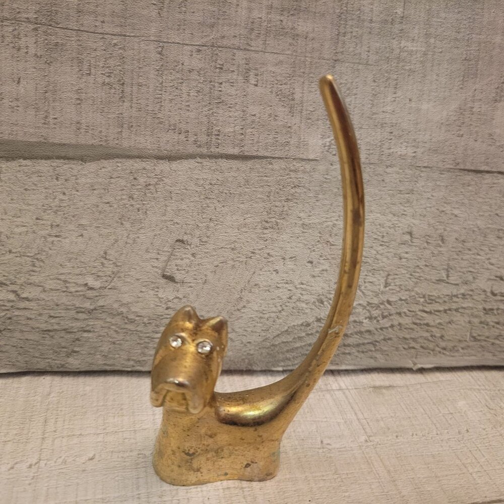 Vintage Brass Scottie Dog Ring Holder With Rhinestone Eyes